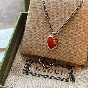 Gucci Interlocking G Red Enamel Heart Pendant Necklace - Silver